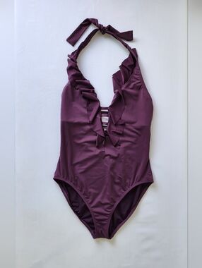Bleu Rod Beattie Purple Ruffle Halter Swimsuit